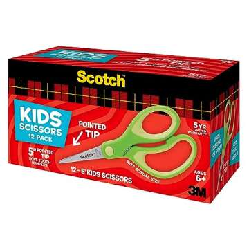 Scotch 5" Soft Touch Blunt Tip Kids Scissors, 12 Count Teacher’s Pack, Green, All-Purpose Scissors for School and Crafts (1442P-12)