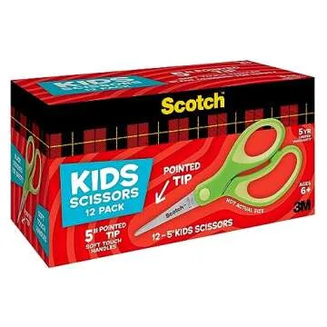 Scotch 5" Soft Touch Blunt Tip Kids Scissors, 12 Count Teacher’s Pack, Green, All-Purpose Scissors for School and Crafts (1442P-12)