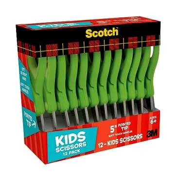 Scotch 5" Soft Touch Blunt Tip Kids Scissors, 12 Count Teacher’s Pack, Green, All-Purpose Scissors for School and Crafts (1442P-12)