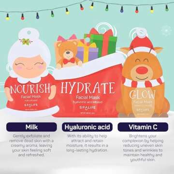 SpaLife Santa's Squad Hydrating Facial Masks - 12 Pack for Moisturizing and Soothing Beauty - Skincare Set for Radiant Skin
