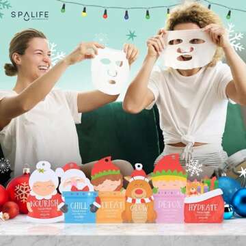 SpaLife Santa's Squad Hydrating Facial Masks - 12 Pack for Moisturizing and Soothing Beauty - Skincare Set for Radiant Skin