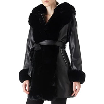 RISISSIDA Faux Leather Fur Lined Jacket Women Winter Coat, Warm Overcoat Black S