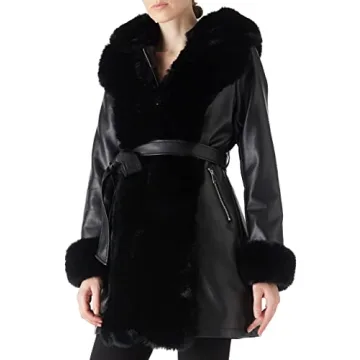 RISISSIDA Faux Leather Fur Lined Jacket Women Winter Coat, Warm Overcoat Black S