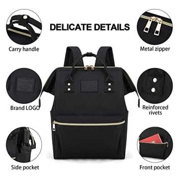 Tzowla Laptop Backpack for Women, Carry on Backpack, Durable Water Resistant, Light Weight, Reinforced Edges and Steel Frame, Metal Zippers, Travel, Black, 13.3 Inch