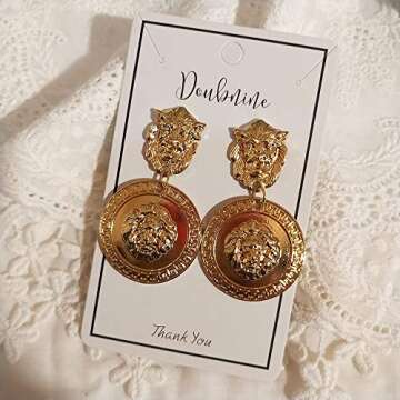 Doubnine Lion Head Earrings Gold Circle Vintage Style