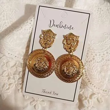 Doubnine Lion Head Earrings Gold Circle Vintage Style