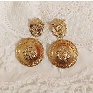 Doubnine Lion Head Earrings Gold Circle Vintage Style