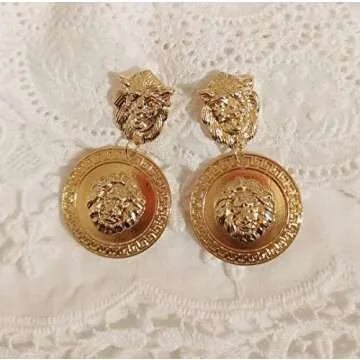 Doubnine Lion Head Earrings Gold Circle Vintage Style