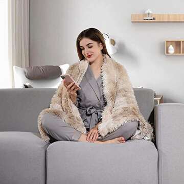Lvylov Decorative Soft Fluffy Faux Fur Throw Blanket 50" x 60",Reversible Long Shaggy Cozy Furry Blanket,Comfy Microfiber Accent Chic Plush Fuzzy Blanket for Sofa/Couch/Bed,Breathable & Washable,Beige