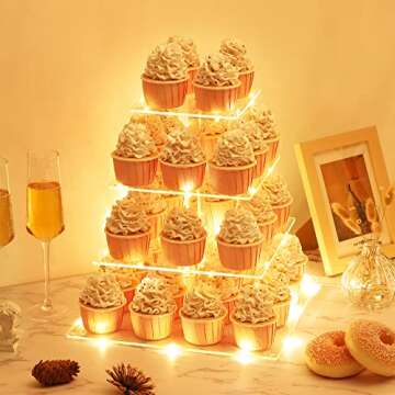 4 Tier Cupcake Stand with LED String Light, Acrylic Cupcake Display Stand, Square Cupcake Tower Holder, Cup Cake Stand for Birthday, Wedding, Baby Shower, Party