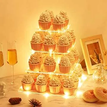 4 Tier Cupcake Stand with LED String Light, Acrylic Cupcake Display Stand, Square Cupcake Tower Holder, Cup Cake Stand for Birthday, Wedding, Baby Shower, Party