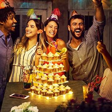 4 Tier Cupcake Stand with LED String Light, Acrylic Cupcake Display Stand, Square Cupcake Tower Holder, Cup Cake Stand for Birthday, Wedding, Baby Shower, Party