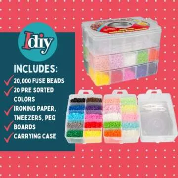 Fuse Beads 20,000 Bulk Creativity Builder Kit- 20 Presorted Muli Colors (5 Glow Dark) w Tweezers, Peg Boards, Melt Ironing Paper, Case - Works with Perler, Pixel Art Craft Project, Kids Summer Camp
