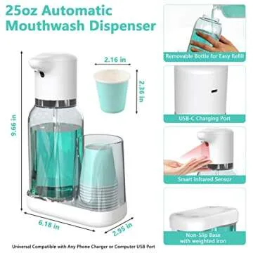 WhiteRhino Automatic Mouthwash Dispenser,25oz Mouthwash Dispenser for Bathroom with 2-Level Adjustment,Upgraded Infrared Sensor,Rechargeable&Refillable Mouthwash Container for Bathroom,Vanity,Kitchen