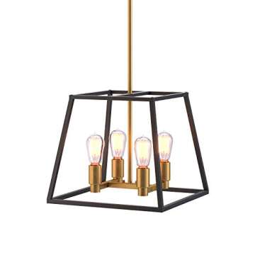 Artika CAR15-ON Carter Square 4 Pendant Fixture, Kitchen Island Chandelier, with a Steel Black and Gold Finish, 8-Light