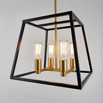 Artika CAR15-ON Carter Square 4 Pendant Fixture, Kitchen Island Chandelier, with a Steel Black and Gold Finish, 8-Light