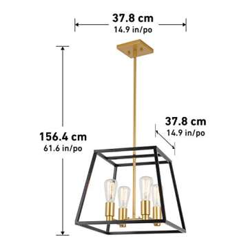 Artika CAR15-ON Carter Square 4 Pendant Fixture, Kitchen Island Chandelier, with a Steel Black and Gold Finish, 8-Light