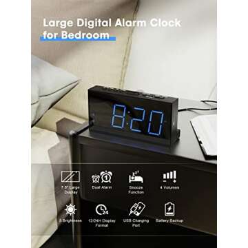 Digital Alarm Clocks for Bedrooms, Dual Alarm Clock with Battery Backup, USB Charger, Adjustable Dimmer & Volume, 12/24H & Snooze, Easy to Use, Simple Bedside Digital Clocks for Seniors, Teens, Kids