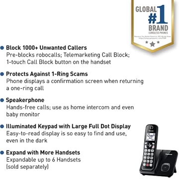 Panasonic Cordless Phone with Call Block & Easy Display