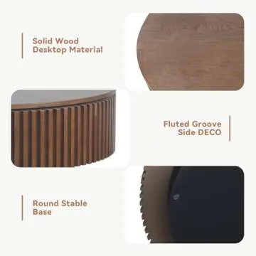 LKTART 31.5'' Walnut Coffee Table Round Wood Modern Solid Wood Veneer Handcrafted Relief Tea Table with Sturdy Pedestal for Apartment Living Room (Hidden Storage)