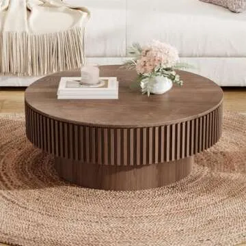 LKTART 31.5'' Walnut Coffee Table Round Wood Modern Solid Wood Veneer Handcrafted Relief Tea Table with Sturdy Pedestal for Apartment Living Room (Hidden Storage)