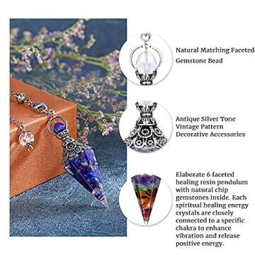 GEHECRST Natural Lapis Lazuli Healing Crystal Dowsing Pendulum Reiki Gemstone Chips Orgone Pendulum 6 Faceted Hexagonal Pointed Resin Spiritual Pendant for Divination, Wicca, Energy Balancing