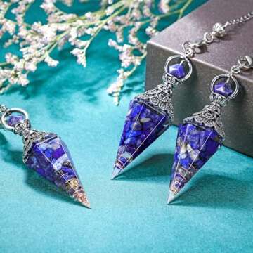 GEHECRST Natural Lapis Lazuli Healing Crystal Dowsing Pendulum Reiki Gemstone Chips Orgone Pendulum 6 Faceted Hexagonal Pointed Resin Spiritual Pendant for Divination, Wicca, Energy Balancing
