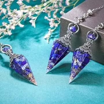 GEHECRST Natural Lapis Lazuli Healing Crystal Dowsing Pendulum Reiki Gemstone Chips Orgone Pendulum 6 Faceted Hexagonal Pointed Resin Spiritual Pendant for Divination, Wicca, Energy Balancing