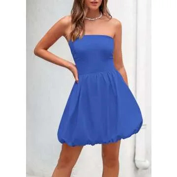 PRETTYGARDEN Women's Tube Top Dress 2025 Summer Casual Smocked A Line Sundress Trendy Strapless Bubble Short Mini Dresses (Blue,Small)