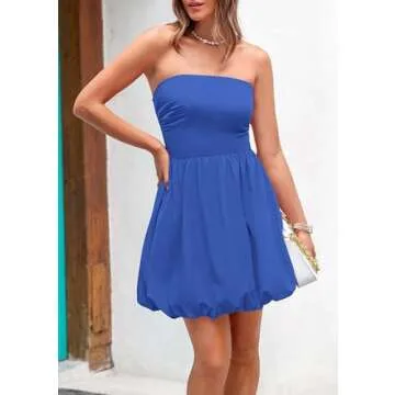 PRETTYGARDEN Women's Tube Top Dress 2025 Summer Casual Smocked A Line Sundress Trendy Strapless Bubble Short Mini Dresses (Blue,Small)
