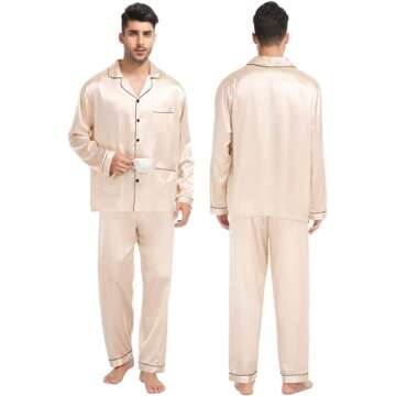 SWOMOG Couples Matching Pajamas Set Women & Men Satin Long Sleeve Sleepwear Soft Button Down Pj Set Silk Loungewear Women Champagne Medium