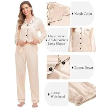 SWOMOG Couples Matching Pajamas Set Women & Men Satin Long Sleeve Sleepwear Soft Button Down Pj Set Silk Loungewear Women Champagne Medium