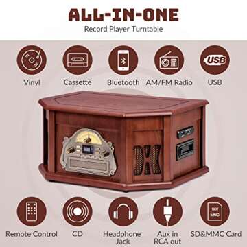 10-in-1 Wood Classic Turntable Stereo System with Bluetooth Connection, Vinyl Record Player, AM/FM, CD, Cassette, USB, SD Slot. 2 Built-in Speakers, Remote Control, MP3 Player, Espresso