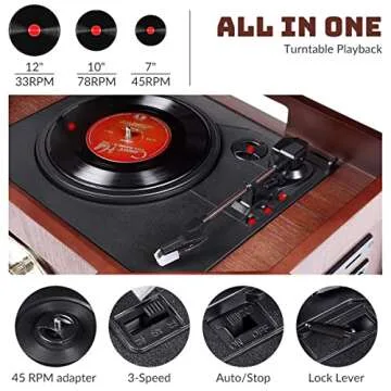 10-in-1 Wood Classic Turntable Stereo System with Bluetooth Connection, Vinyl Record Player, AM/FM, CD, Cassette, USB, SD Slot. 2 Built-in Speakers, Remote Control, MP3 Player, Espresso