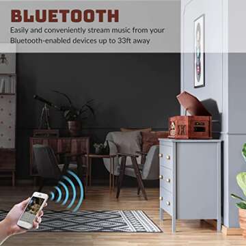 10-in-1 Wood Classic Turntable Stereo System with Bluetooth Connection, Vinyl Record Player, AM/FM, CD, Cassette, USB, SD Slot. 2 Built-in Speakers, Remote Control, MP3 Player, Espresso