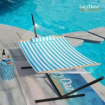 Lazy Daze Hammocks 12 FT Quilted Fabric Double Hammock with Spreader Bars and Detachable Pillow, 2 P...