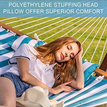 Lazy Daze Hammocks 12 FT Quilted Fabric Double Hammock with Spreader Bars and Detachable Pillow, 2 Person Hammock for Outdoor Patio Backyard Poolside, 450 LBS Weight Capacity, Sailor Stripe