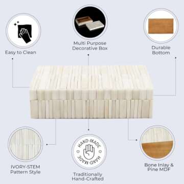 Handicrafts Home Handmade Ivory Pattern Decorative Box - Storage Organizer, Decor Centrepiece, Memory Keepsakes, Home Decor - Boho Style Treasure Box, Multipurpose Gift - Stem, 10x4.5x2.5