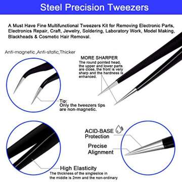 Precision Tweezer Set,Craft Tweezers, Soldering Tweezer, Jewelry Tweezer, Ingrown/Eyelash Extension/Eyebrow Tweezers,Anti-Static Stainless Steel ESD Tweezers Tools Kit Handy Case (6 PCS Kit)