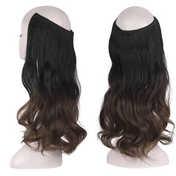 FESHFEN Invisible Wire Hair Extensions with Transparent Headband Adjustable Size One Piece Synthetic Long Curly Wavy Secret Hairpieces for Women, 18 inch