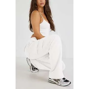 Waitfairy Womens Cargo Sweatpants Casual Baggy High Waisted Joggers Pants Fleece Sweat Pants with Pocket White M