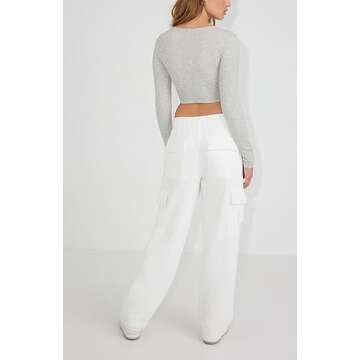 Waitfairy Womens Cargo Sweatpants Casual Baggy High Waisted Joggers Pants Fleece Sweat Pants with Pocket White M