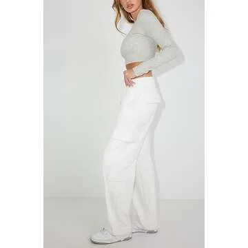 Waitfairy Womens Cargo Sweatpants Casual Baggy High Waisted Joggers Pants Fleece Sweat Pants with Pocket White M