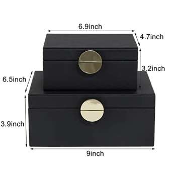 HofferRuffer Faux Leather Jewelry Boxes, Decorative Boxes Storage Accessory Organizer with Gold Hardware Decor, Classic Vegan Leather Set of 2 Pieces (Black)