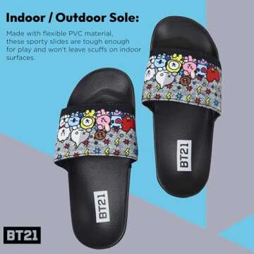 BT21 Line Friends Ladies Slides - Officially licensed Slides - Tata, Van, Chimmy, Cooky, Shooky and RJ (Black, 9 to 10)