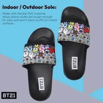 BT21 Line Friends Ladies Slides - Officially licensed Slides - Tata, Van, Chimmy, Cooky, Shooky and RJ (Black, 9 to 10)