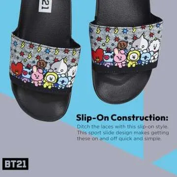 BT21 Line Friends Ladies Slides - Officially licensed Slides - Tata, Van, Chimmy, Cooky, Shooky and RJ (Black, 9 to 10)