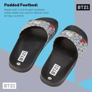 BT21 Line Friends Ladies Slides - Officially licensed Slides - Tata, Van, Chimmy, Cooky, Shooky and RJ (Black, 9 to 10)