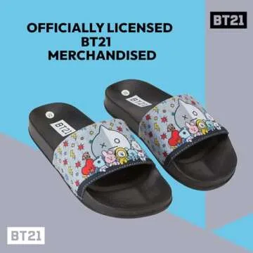 BT21 Line Friends Ladies Slides - Officially licensed Slides - Tata, Van, Chimmy, Cooky, Shooky and RJ (Black, 9 to 10)