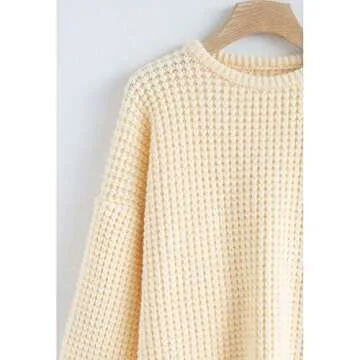 CHICWISH Women's Comfy Casual Cream Puff Sleeves Oversize Waffle Soft Knit Sweater Pullover